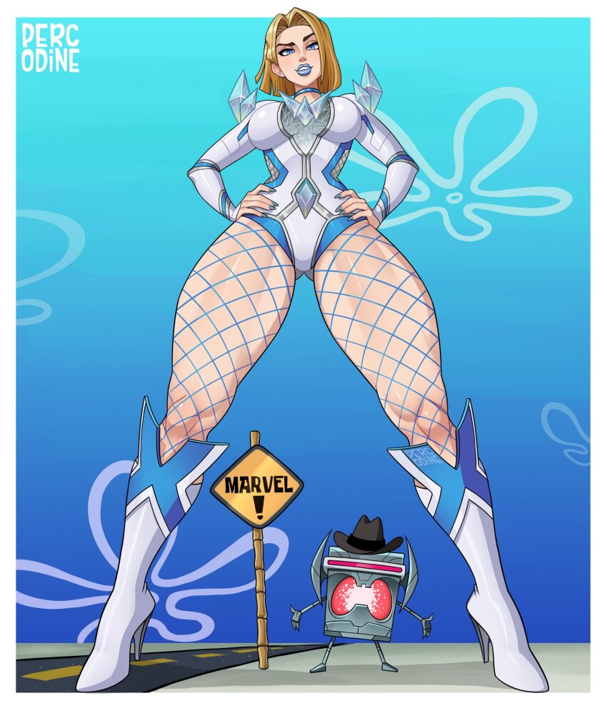 1boy 1girl bare_shoulders blonde_hair blue_eyes blue_lips boots breasts choker cleavage commentary earrings emma_frost english_commentary highres jewelry large_breasts lipstick makeup marvel marvel_rivals percodine robot spongebob_squarepants_(series) the_spongebob_squarepants_movie ultron x-men