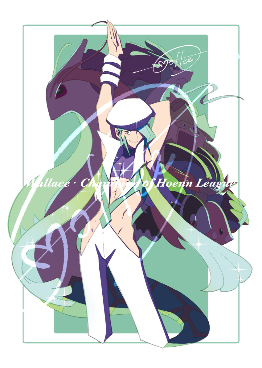 1boy absurdres bangle beret border bracelet cccacademia character_name cropped_shirt gen_2_pokemon gen_3_pokemon gen_4_pokemon green_background green_eyes green_hair hat highres jewelry legendary_pokemon ludicolo lumineon luvdisc male_focus milotic nintendo pants pokemon pokemon_(creature) pokemon_oras purple_shirt scarf shirt short_hair sideburns signature sleeveless sleeveless_shirt smile suicune swampert vest wallace_(pokemon) white_border white_hat white_pants white_vest