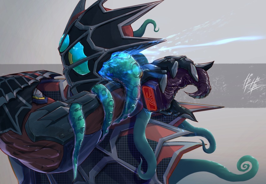 1boy aqua_eyes armor artist_name asymmetrical_armor bursting commentary dark_persona english_commentary giant_squid giant_squid_genome giff_vistamp highres kamen_rider kamen_rider_demons kamen_rider_revice looking_at_viewer male_focus open_hand signature tentacles upper_body zagizagi