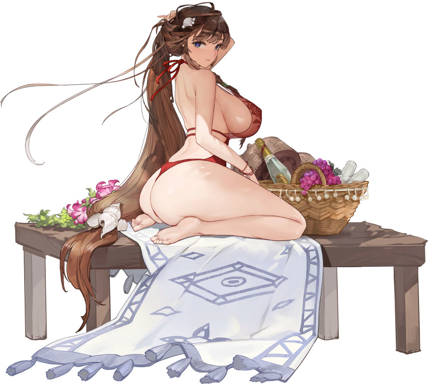 1girl ass bare_legs barefoot basket blue_eyes bottle breasts brown_hair butt_crack carpet champagne_bottle covered_erect_nipples cup daphne_(last_origin) drinking_glass floral_print flower food from_side fruit full_body game_cg grapes hair_ornament highres huge_breasts large_breasts last_origin leaf light_smile long_hair looking_at_viewer looking_back low-tied_long_hair median_furrow official_alternate_costume official_art on_table one-piece_swimsuit pearl_hair_ornament petals purple_flower red_one-piece_swimsuit rorobomb seashell see-through_clothes see-through_one-piece_swimsuit seiza shadow shell shell_hair_ornament shiny_skin shoulder_blades sideboob sitting skindentation smile swimsuit table tachi-e thick_thighs thighs transparent_background very_long_hair wristband
