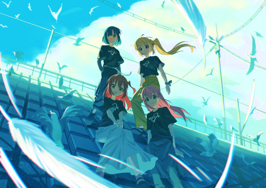 4girls absurdres ahoge aqua_theme belt bird black_shirt blonde_hair blue_hair blue_theme bocchi_the_rock! clothes_writing commentary day english_commentary expressionless feet_out_of_frame floating_hair from_below full_body gotoh_hitori hair_between_eyes hand_in_pocket hands_on_own_knee highres ijichi_nijika jdge kessoku_band_logo kessoku_band_t-shirt kita_ikuyo long_hair long_skirt looking_at_viewer mole mole_under_eye multiple_girls one_side_up outdoors pants pink_hair power_lines red_hair shirt short_hair short_sleeves side_ponytail skirt smile standing white_skirt wide_shot wind yamada_ryo yellow_pants