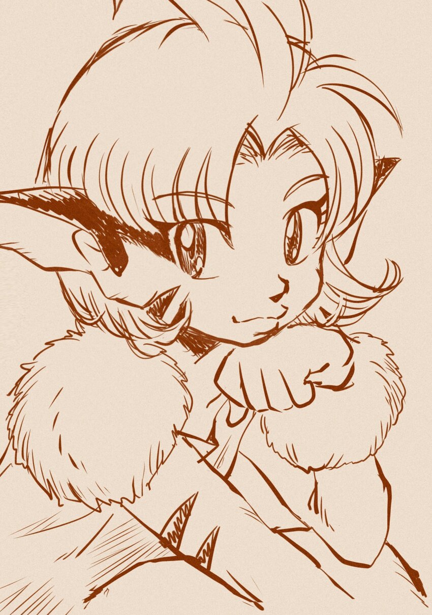 1girl :3 absurdres animal_ears antenna_hair bob_cut brown_background closed_mouth collarbone commentary curled_fingers dress facial_mark fur-trimmed_dress fur_cuffs fur_trim gashikun hand_on_own_chin highres looking_at_viewer merle_(tenkuu_no_escaflowne) monochrome parted_bangs pointy_ears sepia short_hair sitting sleeveless sleeveless_dress smile solo striped tenkuu_no_escaflowne upper_body whisker_markings