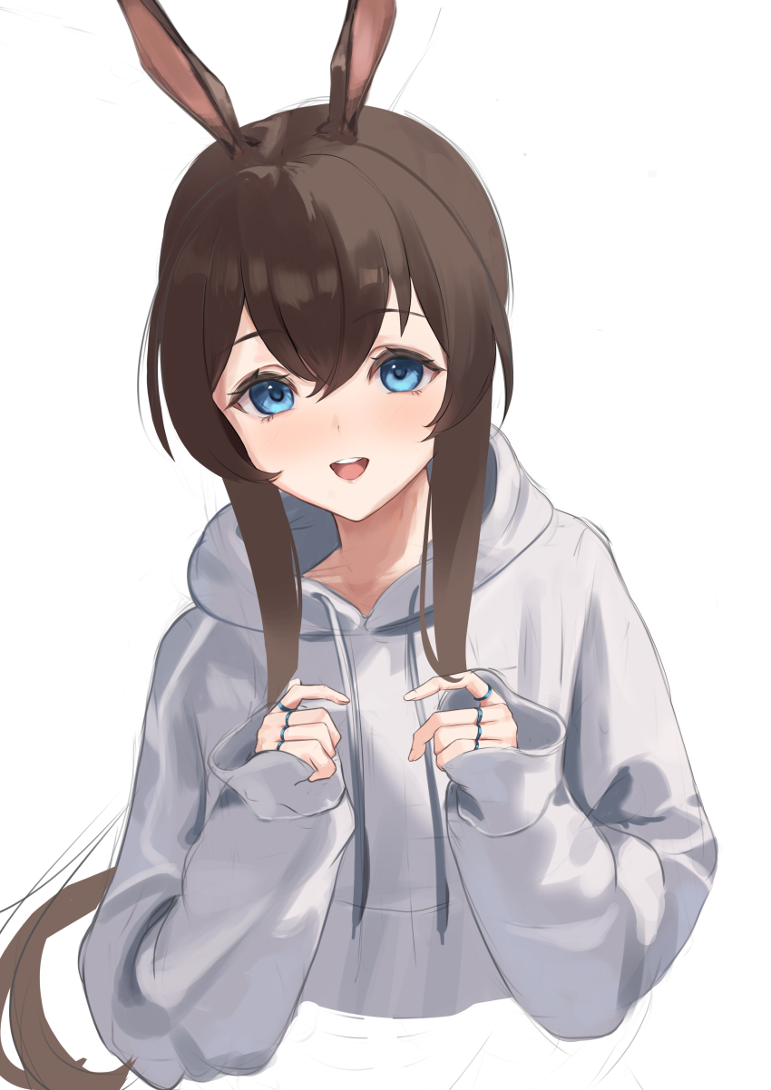 1girl :d absurdres amiya_(arknights) animal_ears arknights blue_eyes blush brown_hair cropped_torso drawstring grey_hoodie hair_between_eyes highres hood hood_down hoodie jewelry long_hair multiple_rings open_mouth remapack77 ring simple_background sketch sleeves_past_wrists smile solo white_background