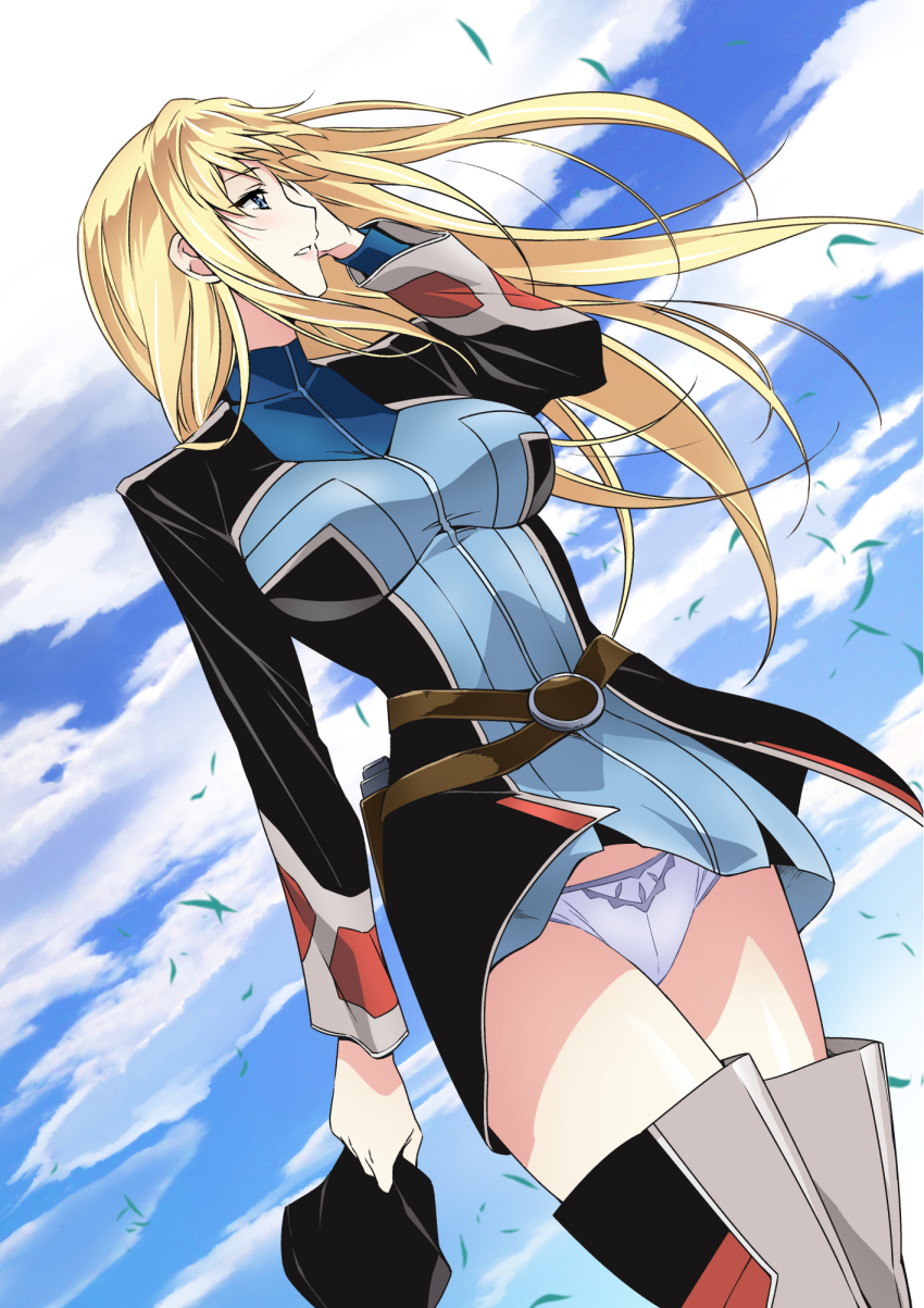 1girl belt blonde_hair blue_eyes blue_sky boots breasts choppy_bangs cloud cloudy_sky collared_dress cowboy_shot dress floating_hair gloria_louise hair_down hand_on_own_face highres holster jinrouki_winvurga large_breasts long_hair long_sleeves military_uniform multicolored_dress outdoors panties panties_day pantyshot pink_lips profile short_dress sidelocks sky standing thigh_boots tsunashima_shirou underwear wind wind_lift