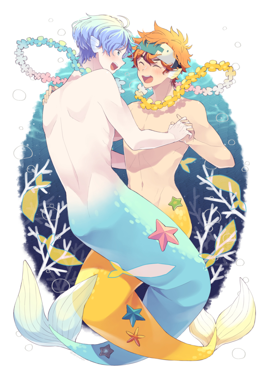 2boys ^_^ back bare_back blue_eyes blue_hair closed_eyes fins hasegawa_langa head_fins highres kyan_reki mermaid monster_girl multiple_boys muscular muscular_male navel open_mouth orange_hair short_hair sk8_the_infinity topless_male uppi