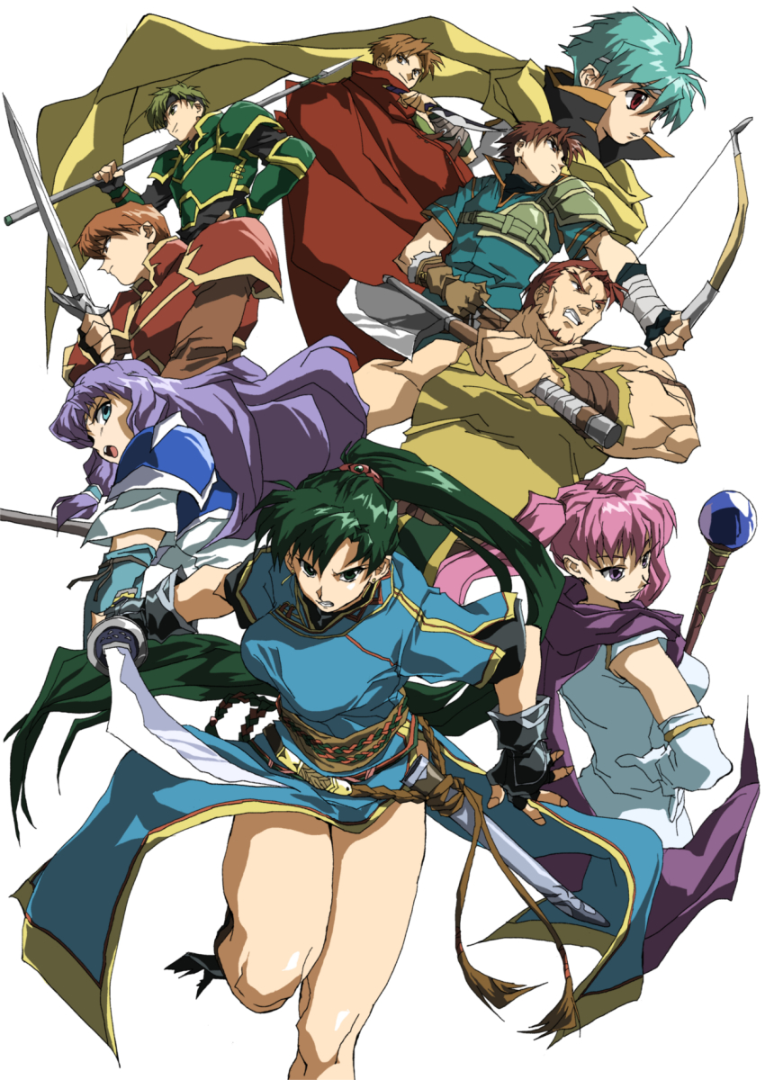 3girls 6+boys armor blue_dress blue_hair bow brown_hair cape dorcas_(fire_emblem) dress fire_emblem fire_emblem:_the_blazing_blade florina_(fire_emblem) green_hair highres kent_(fire_emblem) lance lyn_(fire_emblem) matthew_(fire_emblem) multiple_boys multiple_girls nils_(fire_emblem) nintendo pink_hair polearm ponytail purple_hair sain_(fire_emblem) serra_(fire_emblem) shino_(2919) staff sword thighs twintails weapon wil_(fire_emblem)