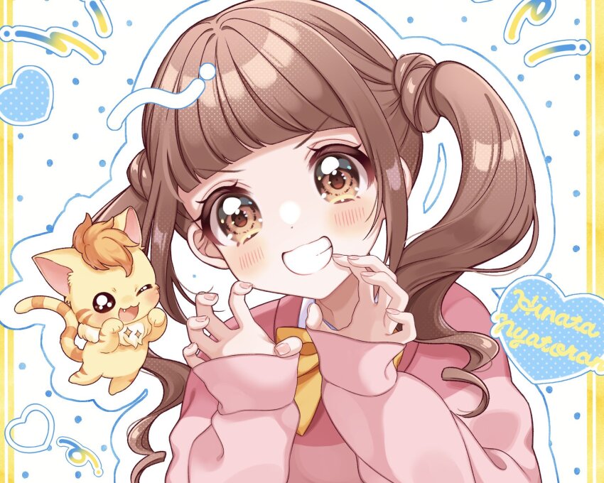1girl ;d blunt_bangs blush bow brown_eyes brown_hair cat character_name curly_hair dot_nose double_bun fang grin hair_bun healin&#039;_good_precure heart highres hiramitsu_hinata kuzumochi long_hair looking_at_viewer nyatoran_(precure) one_eye_closed open_mouth paw_pose pink_sweater polka_dot polka_dot_background precure smile sweater twintails white_background yellow_bow yellow_cat
