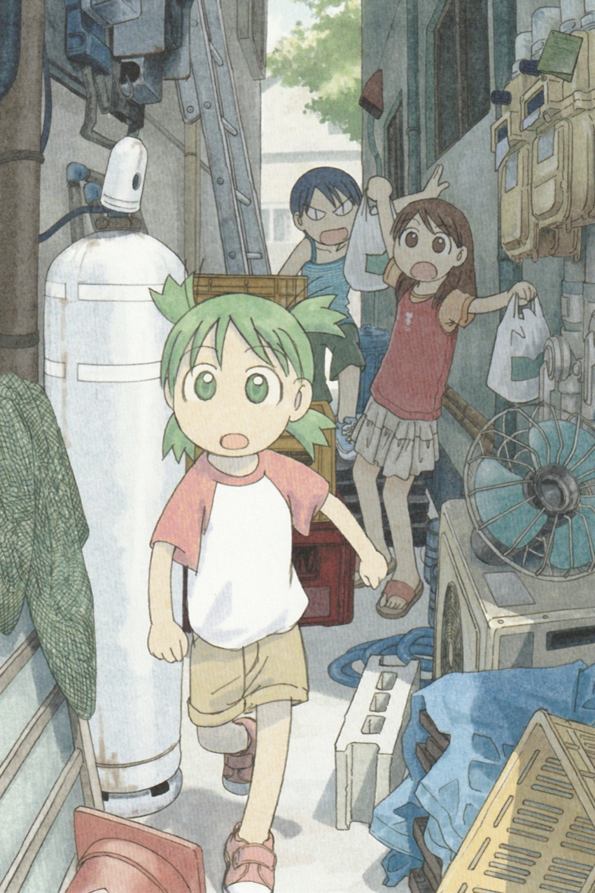 3girls ayase_ena azuma_kiyohiko blue_footwear blue_tank_top brown_eyes brown_hair green_eyes green_hair hayasaka_miura koiwai_yotsuba multiple_girls official_art pink_footwear red_shirt sandals shirt skirt tank_top white_skirt yotsubato!