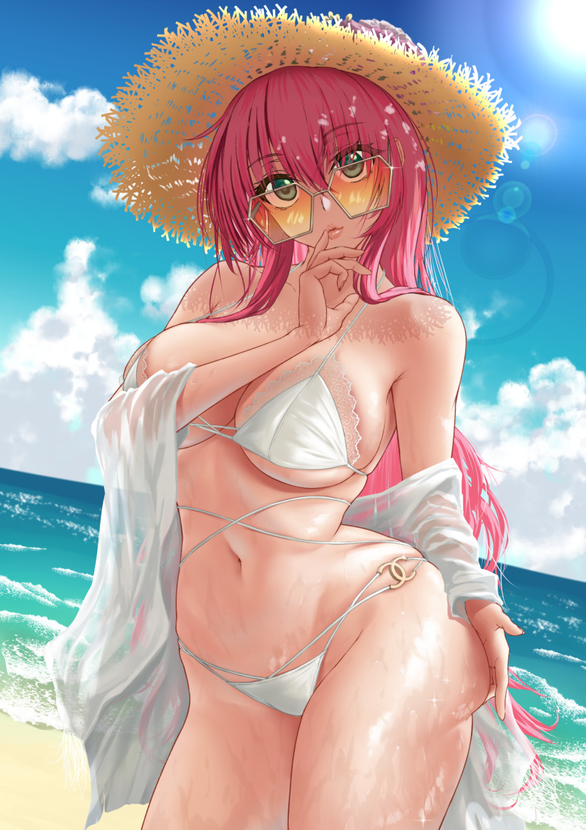 1girl ass azur_lane beach bikini blue_sky breasts chanel cleavage dutch_angle female_focus finger_to_mouth flower green_eyes hat hat_flower highres jaga_stick large_breasts lips long_hair looking_at_viewer looking_over_eyewear looking_over_glasses multiple_straps navel official_alternate_costume orange-tinted_eyewear orange-tinted_glasses purple_hair see-through_clothes shadow see-through_clothes sky solo straw_hat sun sun_hat sunglasses surcouf_(azur_lane) surcouf_(loisirs_balneaires)_(azur_lane) swimsuit tinted_eyewear wet white_bikini yellow-tinted_eyewear