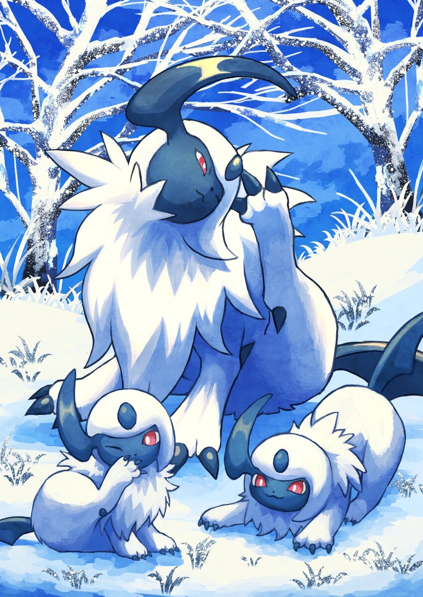 7_phi_3 absol absurdres animal_focus bright_pupils claws closed_mouth forehead_jewel gen_3_pokemon grass highres horns nintendo no_humans one_eye_closed pokemon pokemon_(creature) red_eyes scratching single_horn sitting smile snow tree white_hair white_pupils winter