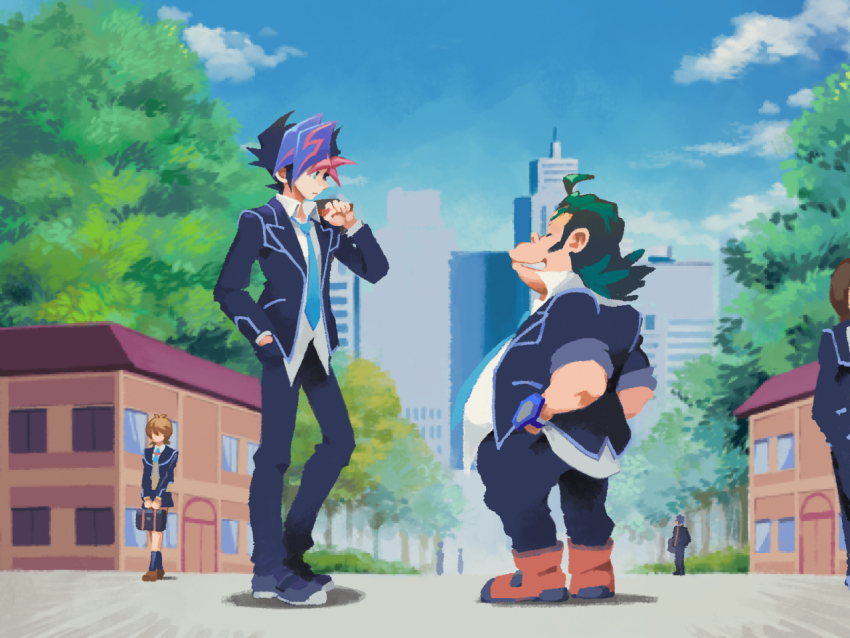 1girl 2boys ahoge bag black_hair black_jacket black_pants black_shoes black_skirt black_socks blazer blue_necktie blue_sky boots brown_boots brown_hair brown_shoes building closed_eyes cloud cloudy_sky cocconeis colored_bangs commentary courtyard faceless faceless_female facing_another facing_to_the_side facing_viewer fat fat_man fujiki_yusaku green_eyes green_hair grin hand_in_pocket holding holding_bag jacket looking_at_another looking_down loose_necktie male_focus minimalism multiple_boys necktie open_clothes open_jacket outdoors pants pleated_skirt school_bag school_uniform shima_naoki shirt shoes skirt sky skyscraper sleeves_rolled_up smartwatch smile sneakers socks sweater_vest tree untucked_shirt walking walkway watch wristwatch yellow_sweater_vest yu-gi-oh! yu-gi-oh!_vrains