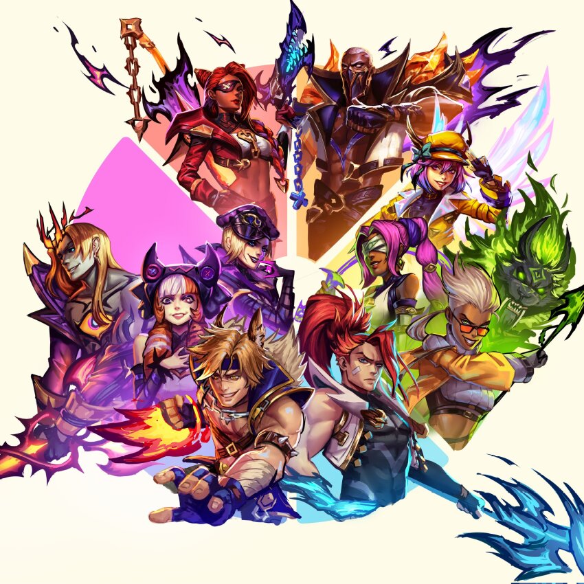 4boys 6+girls bare_shoulders black_gloves black_headwear blindfold blonde_hair brown_hair clenched_hand collarbone color_wheel_challenge cone_hair_bun cropped_jacket crown dark-skinned_female dark-skinned_male dark_skin drill_hair evelynn_(league_of_legends) fake_horns fingerless_gloves fire gloves glowing glowing_eyes grey_hair grin gun gwen_(league_of_legends) hair_bun hand_up highres holding holding_gun holding_polearm holding_weapon horns ilyas_bolatov jacket league_of_legends long_hair lux_(league_of_legends) mask mouth_mask multicolored_hair multiple_boys multiple_drawing_challenge multiple_girls nidalee nilah_(league_of_legends) open_clothes open_jacket pink_hair polearm ponytail pyke_(league_of_legends) red_hair samira sett_(league_of_legends) sharp_teeth short_hair smile soul_fighter_evelynn soul_fighter_gwen soul_fighter_lux soul_fighter_nidalee soul_fighter_nilah soul_fighter_pyke soul_fighter_samira soul_fighter_sett soul_fighter_viego soul_fighter_xin_zhao teeth third_eye_on_chest twin_drills twintails two-tone_hair viego_(league_of_legends) weapon white_background white_hair white_jacket xin_zhao