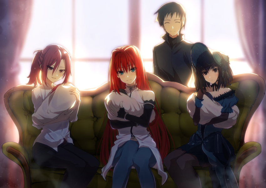 1boy 3girls aozaki_aoko baby black_eyes brown_hair carrying_baby carrying_person couch curtains father_and_child fur_hat hat highres indoors kuonji_alice looking_at_viewer lost_robin_rondo mahou_tsukai_no_yoru mother_and_child motherly multiple_girls on_couch private_misaki_high_school_uniform reien_girl&#039;s_academy_school_uniform school_uniform shizuki_soujuurou sitting smile swaddled toomishou type-moon window