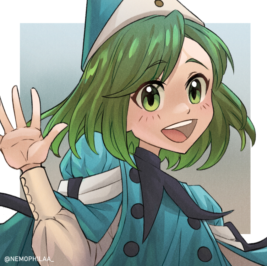 1girl coco_(tongari_boushi_no_atelier) green_eyes green_hair hat highres looking_at_viewer nemophila_(artist) open_mouth qifrey&#039;s_atelier_apprentice_uniform short_hair smile solo tongari_boushi_no_atelier upper_body witch