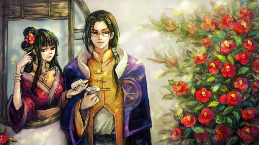 1990s_(style) 1boy 1girl alcohol black_hair bottle bracelet bush camellia cardcaptor_sakura chinese_clothes clow_reed cup fantasyxing flower glasses hair_rings ichihara_yuuko jewelry jitome long_hair nail_polish ponytail purple_eyes red_eyes retro_artstyle sakazuki signature xxxholic