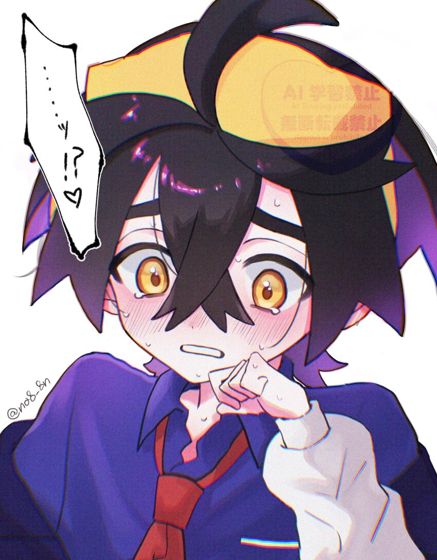 1boy black_hair blue_shirt chromatic_aberration clenched_teeth collared_shirt colored_inner_hair commentary_request crossed_bangs hair_between_eyes hairband hand_up highres jacket kieran_(pokemon) long_sleeves male_focus multicolored_hair na8_8n necktie nintendo off_shoulder pokemon pokemon_sv red_necktie shirt short_hair simple_background solo speech_bubble sweat teeth translation_request upper_body watermark white_background white_jacket yellow_eyes yellow_hairband