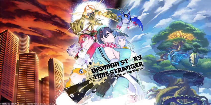 2girls 3boys absurdres aegiomon armor bare_shoulders bat_(animal) belt black_eyes black_hair blue_eyes breasts brown_hair building copyright_name copyright_request digimon digimon_(creature) digimon_story:_time_stranger dress goat_horns goggles goggles_on_head gold_armor gomamon green_dress green_eyes green_jacket grey_hair gun halo head_wings highres holding holding_gun holding_weapon horns jacket jupitermon jupitermon_wrath_mode large_breasts misono_inori multicolored_jacket multiple_boys multiple_girls official_art patamon picodevimon second-party_source short_dress short_hair skyscraper sleeveless sleeveless_dress sunset tonami_kanji tree trigger_discipline two-tone_jacket weapon white_dress white_jacket wings yasuda_suzuhito yellow_eyes yuuki_dan yuuki_kanan