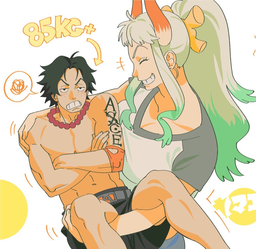 1boy 1girl aqua_hair arm_tattoo arrow_(symbol) bead_necklace beads belt black_hair black_shorts blush breath carrying carrying_person closed_eyes crossed_arms demon_horns earrings frown furrowed_brow hair_ornament highres hoop_earrings horns jewelry long_hair lowered_eyelids multicolored_hair multicolored_shirt necklace nyan_2020 one_piece pants portgas_d._ace scribble shirt short_hair shorts smile speech_bubble tall_female tattoo teeth topless_male weight white_background white_hair white_shirt yamato_(one_piece) yellow_circle