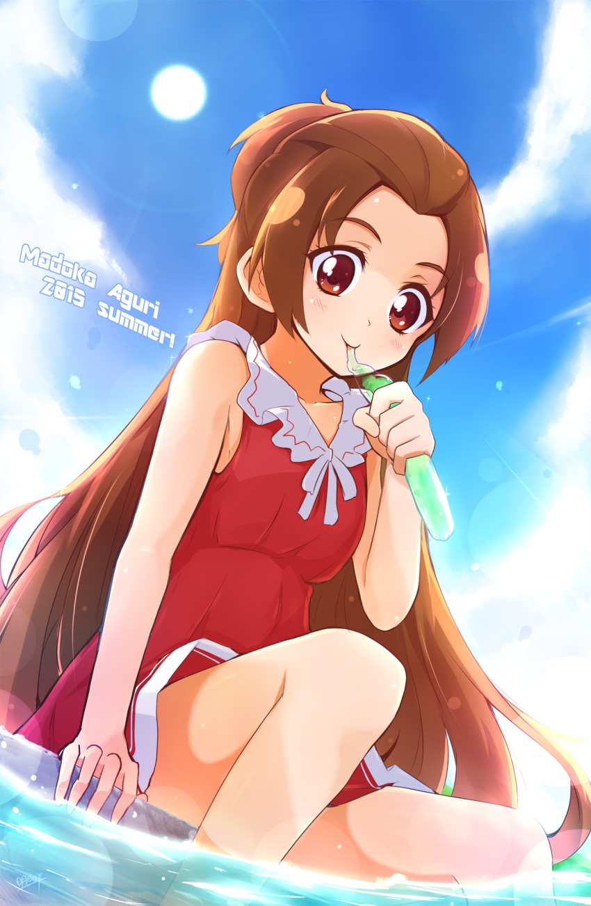 10s 1girl 2015 ashita_wa_hitsuji blue_sky blush brown_hair character_name cloud day dokidoki!_precure eating female_focus highres ice licking long_hair madoka_aguri package precure red_eyes signature sitting sky sleeveless smile soaking_feet solo summer sun sunlight water