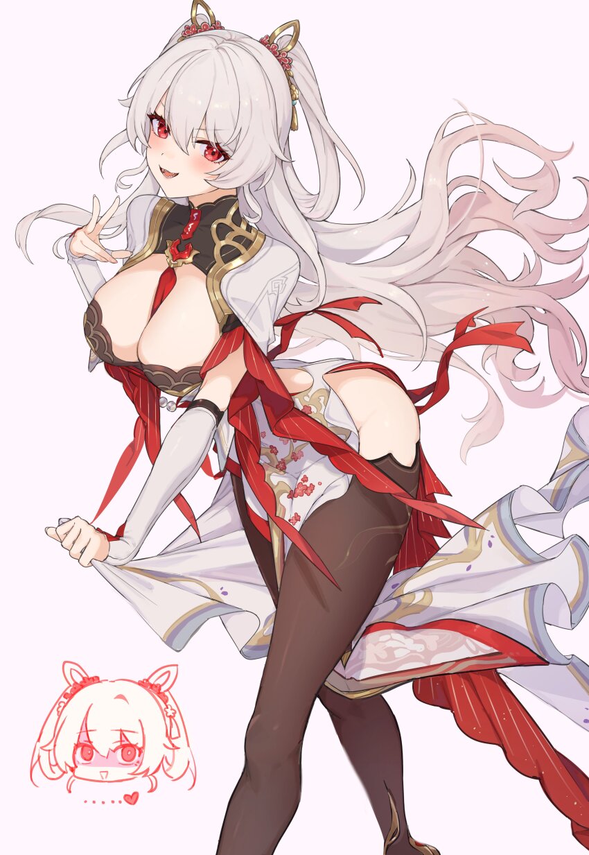 1girl absurdres awe_(adorableduckyy) black_thighhighs breasts chinese_clothes dress grey_background hair_between_eyes hair_ornament highres honkai_(series) honkai_impact_3rd large_breasts leaning_forward long_hair looking_at_viewer official_alternate_costume red_eyes simple_background smile solo theresa_apocalypse theresa_apocalypse_(luna_kindred) theresa_apocalypse_(lunar_vow:_crimson_love) theresa_apocalypse_(redolent_in_red) thighhighs thighs very_long_hair white_dress white_hair