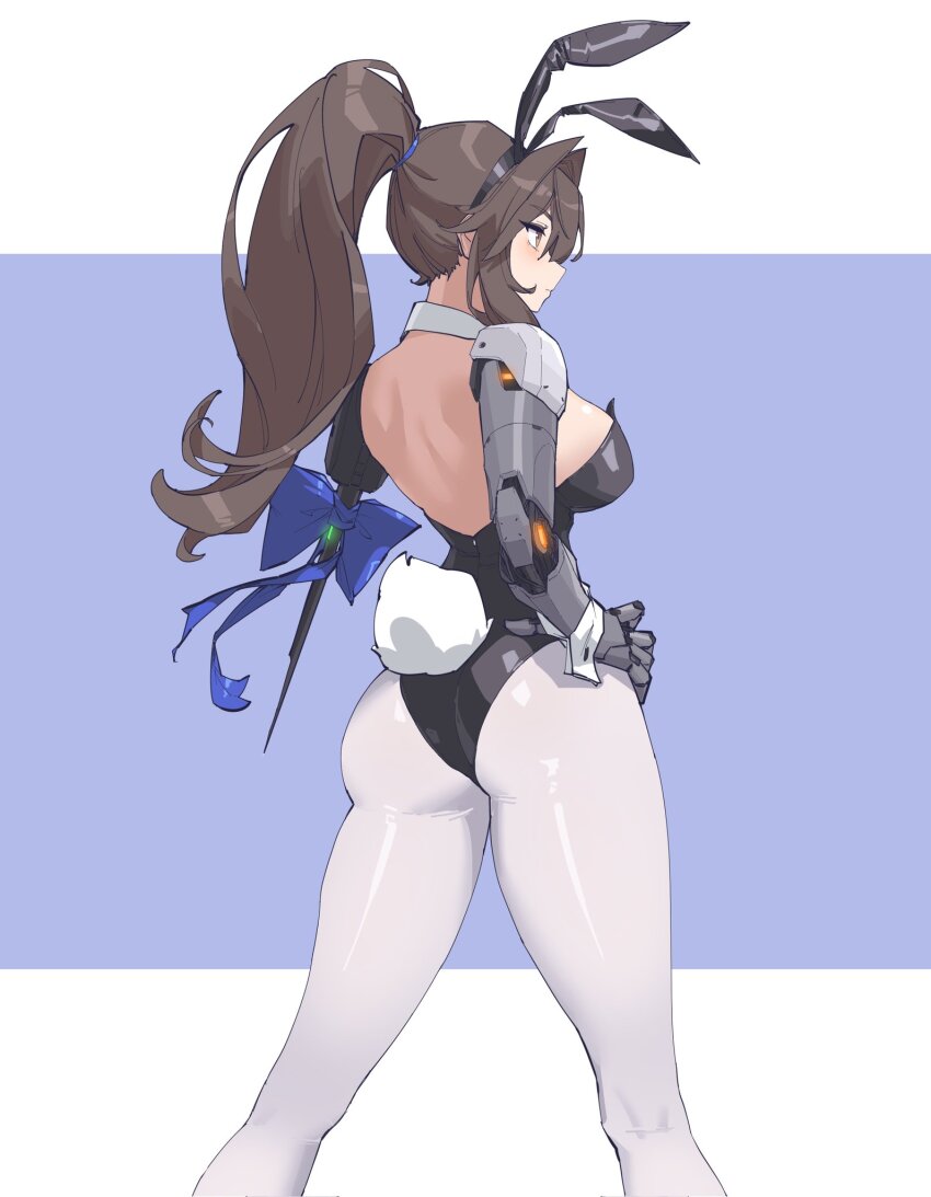 amputee animal_ears ass black_ears black_leotard blue_bow blue_ribbon blush bow breasts brown_eyes brown_hair collar fake_animal_ears hair_ribbon high_ponytail highres large_breasts leotard long_hair original pantyhose playboy_bunny ponytail prosthesis prosthetic_arm rabbit_ears rabbit_tail ribbon stank tail white_collar white_pantyhose white_wrist_cuffs wrist_cuffs