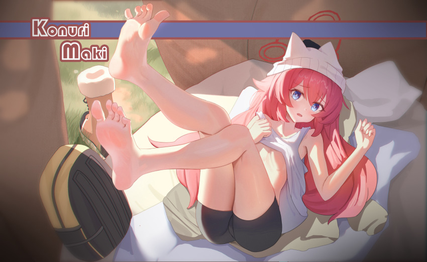 1girl absurdres backpack bag barefoot beanie bike_shorts blue_archive blue_eyes blush boots feet feet_up hat highres long_hair looking_at_viewer lying maki_(blue_archive) maki_(camp)_(blue_archive) on_back open_mouth red_hair shoes soles taichi_suzuki tent tent_interior toes unworn_boots unworn_shoes