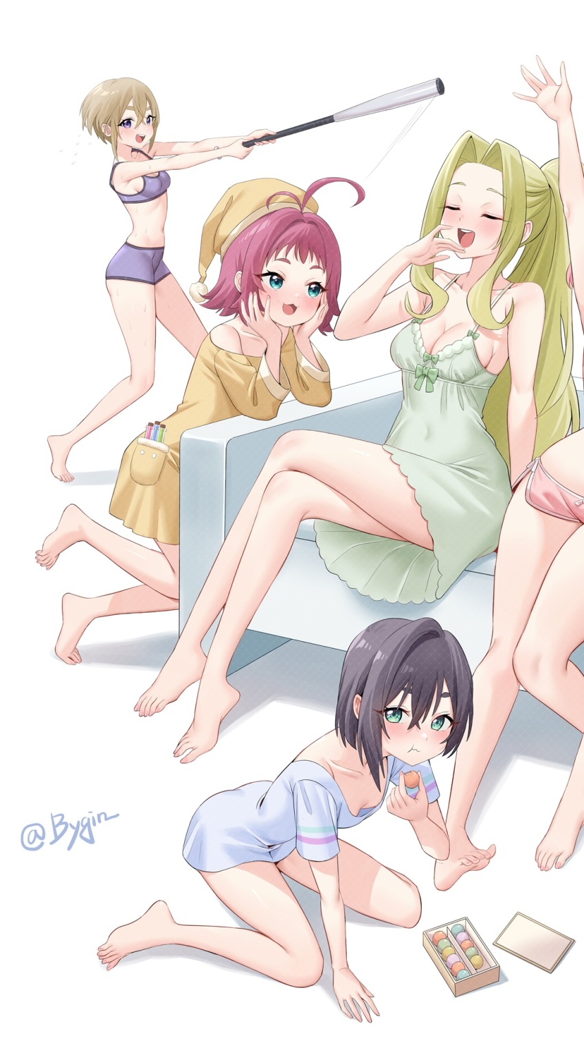 5girls :t artist_name babydoll baseball_bat blonde_hair blue_eyes blue_shirt brown_hair bygin closed_eyes eating green_babydoll green_nightgown haraga_kurumi highres holding holding_baseball_bat kimi_no_koto_ga_dai_dai_dai_dai_daisuki_na_100-nin_no_kanojo metal_baseball_bat multiple_girls navel open_mouth pout purple_eyes purple_hair purple_shorts purple_sports_bra shirt short_sleeves shorts sitting sports_bra standing stomach sutou_iku tongue utsukushisugi_mimimi watermark yakuzen_kusuri yawning