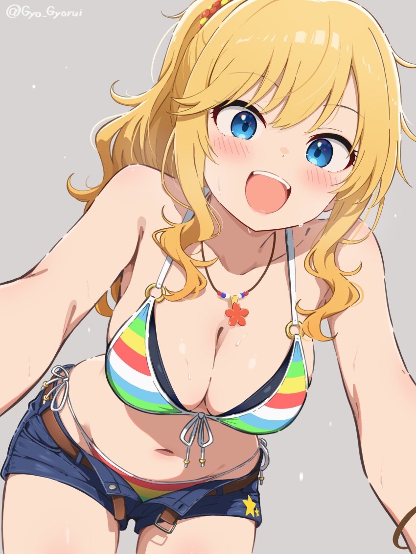 1girl absurdres bikini bikini_under_shorts blonde_hair blue_eyes blush breasts collarbone commentary denim denim_shorts front-tie_bikini_top front-tie_top gyorui_(katsuwo_drawing) highres idolmaster idolmaster_cinderella_girls jewelry looking_at_viewer medium_breasts multicolored_bikini navel necklace ohtsuki_yui ponytail short_shorts shorts side-tie_bikini_bottom simple_background smile solo stomach string_bikini sweat swimsuit thighs twitter_username