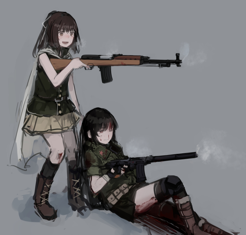 assault_rifle beige_skirt belt_pouch black_hair black_skirt blood blood_on_face boots brown_eyes brown_hair cape dragging girls&#039;_frontline gloves green_shirt green_vest grey_background gun headset_removed highres holding holding_weapon injury integral_suppressor integrally-suppressed_firearm knee_pads long_hair medium_hair one_eye_closed open_mouth pouch rampart1028 rifle shirt simple_background skirt smoke smoking_barrel star_(symbol) submachine_gun suppressor sweat type_63_(girls&#039;_frontline) type_63_assault_rifle type_64_(girls&#039;_frontline) type_64_smg vest weapon white_cape