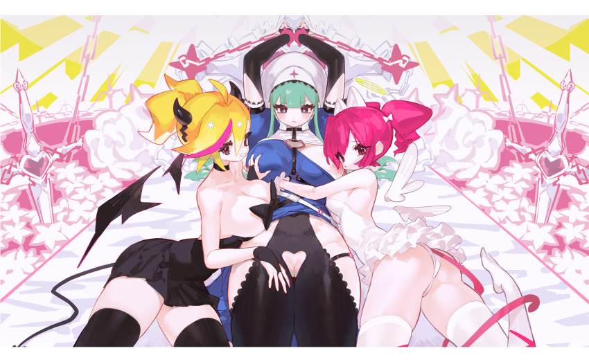 3girls absurdres arms_up ass bdsm black_dress bondage bound bow breasts buro_(muse_dash) commentary demon_girl demon_tail dress english_commentary femdom frills green_hair groping hair_bow highres large_breasts liba_(leo8d) long_hair marija_(muse_dash) marija_(sister)_(muse_dash) mons_pubis multicolored_hair multiple_girls muse_dash nipples official_art orange_hair panties pink_hair ponytail priestess purple_eyes pussy_cutout rin_(muse_dash) short_dress short_hair skirt smile streaked_hair sword tail thighhighs thighs twintails underwear weapon white_dress white_panties yuri