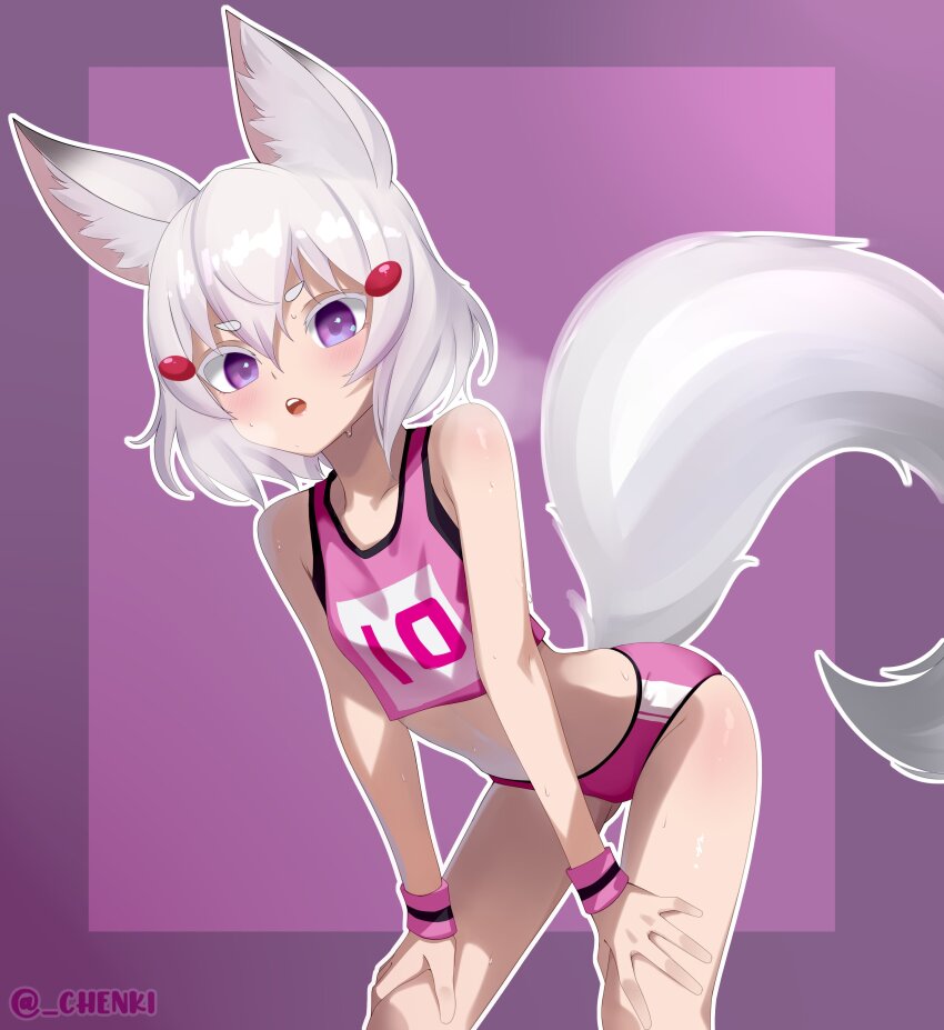 1girl absurdres animal_ears breasts buruma chenki_(chenki) commentary_request fox_ears fox_girl fox_tail hair_ornament highres leaning_forward looking_at_viewer paid_reward_available phase_connect purple_eyes small_breasts solo sweat tail tenma_maemi white_hair