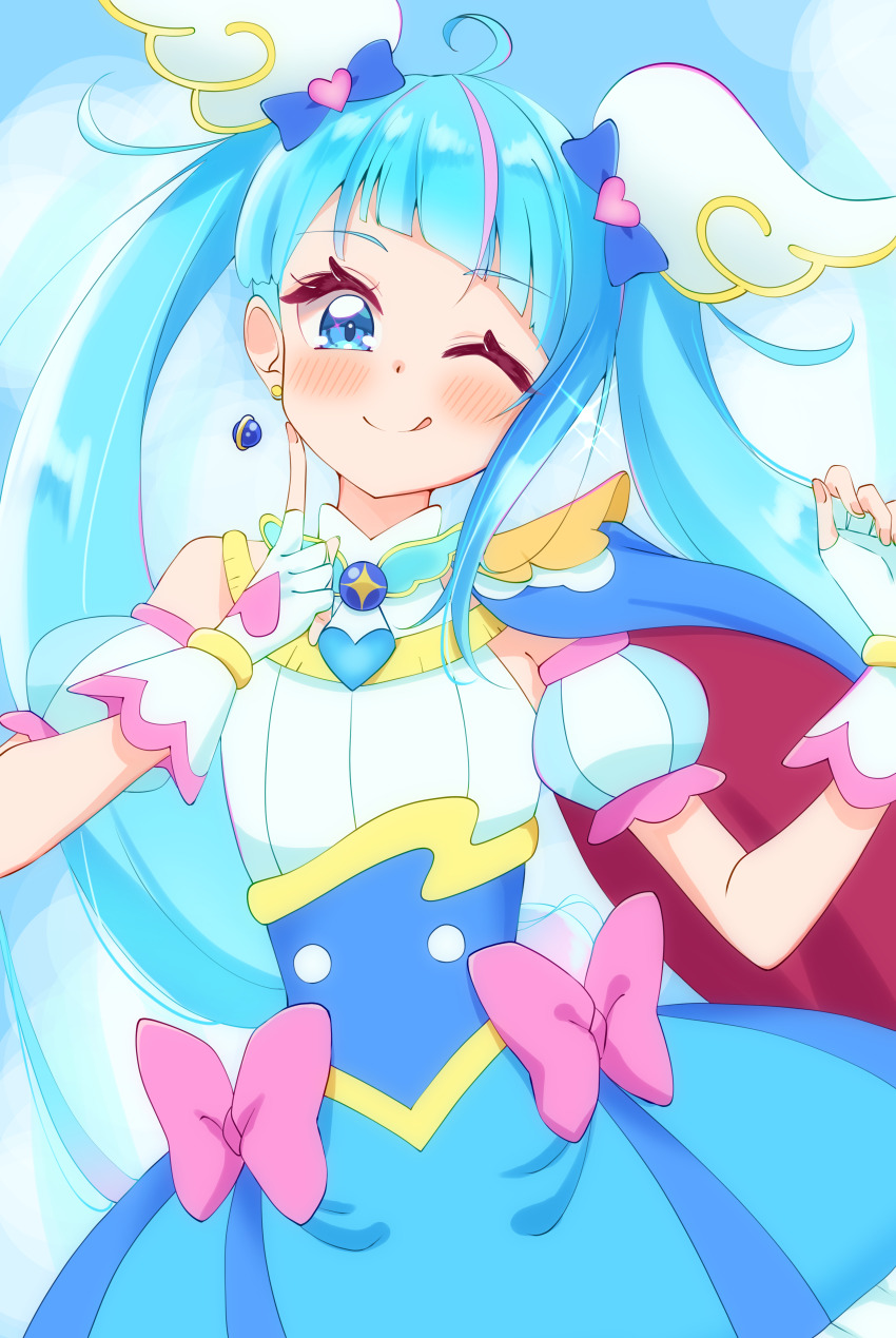1girl ;q absurdres blue_cape blue_dress blue_eyes blue_hair blue_sky bow brooch cape closed_mouth cloud cloudy_sky cure_sky cut_bangs day detached_sleeves dress dress_bow earrings fingerless_gloves gloves hair_ornament highres hirogaru_sky!_precure index_finger_raised jewelry licking_lips long_hair looking_at_viewer magical_girl multicolored_hair one_eye_closed outdoors pink_bow pink_hair precure puffy_detached_sleeves puffy_sleeves red_cape short_dress single_sidelock sky sleeveless sleeveless_dress smile solo sora_harewataru standing streaked_hair sugimura_mickey tongue tongue_out twintails two-sided_cape two-sided_fabric two-tone_dress two-tone_hair very_long_hair white_dress white_gloves wing_brooch wing_hair_ornament