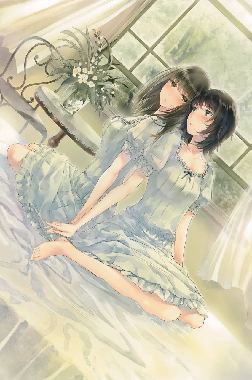 2girls absurdres barefoot blush brown_hair chair curtains dress dutch_angle feet flower flowers_(innocent_grey) full_body green_eyes green_hair grey_eyes holding_hands highres indoors medium_hair multiple_girls ribbon-trimmed_clothes ribbon_trim short_hair sitting sugina_miki table takasaki_chidori vase window yaegaki_erika yuri