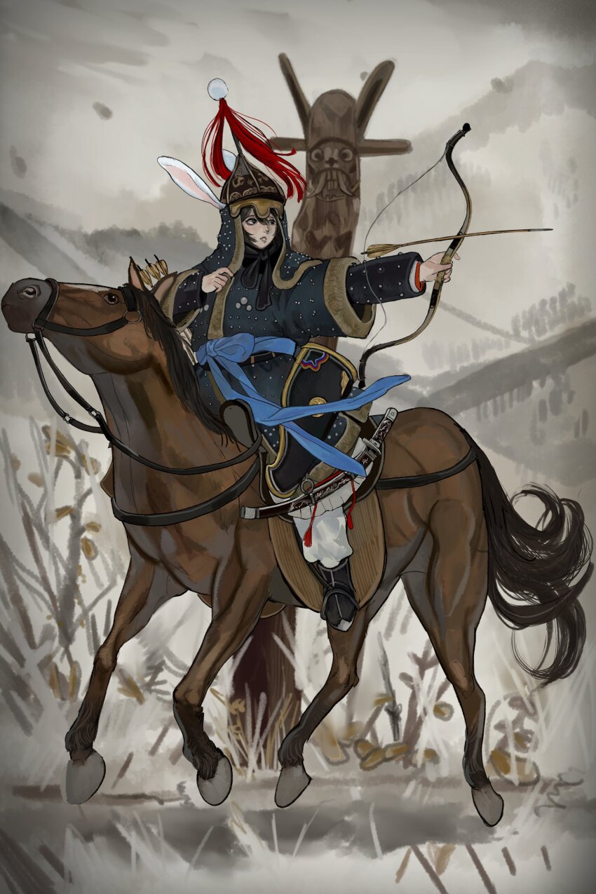1girl absurdres black_hair blue_sash bow_(weapon) brigandine_(armor) combat_helmet hair_between_eyes helmet highres holding holding_bow_(weapon) holding_weapon horseback_archery kkghost_tv korean_armor looking_to_the_side open_mouth original pants red_plume sash second-party_source sidelocks sword weapon white_pants