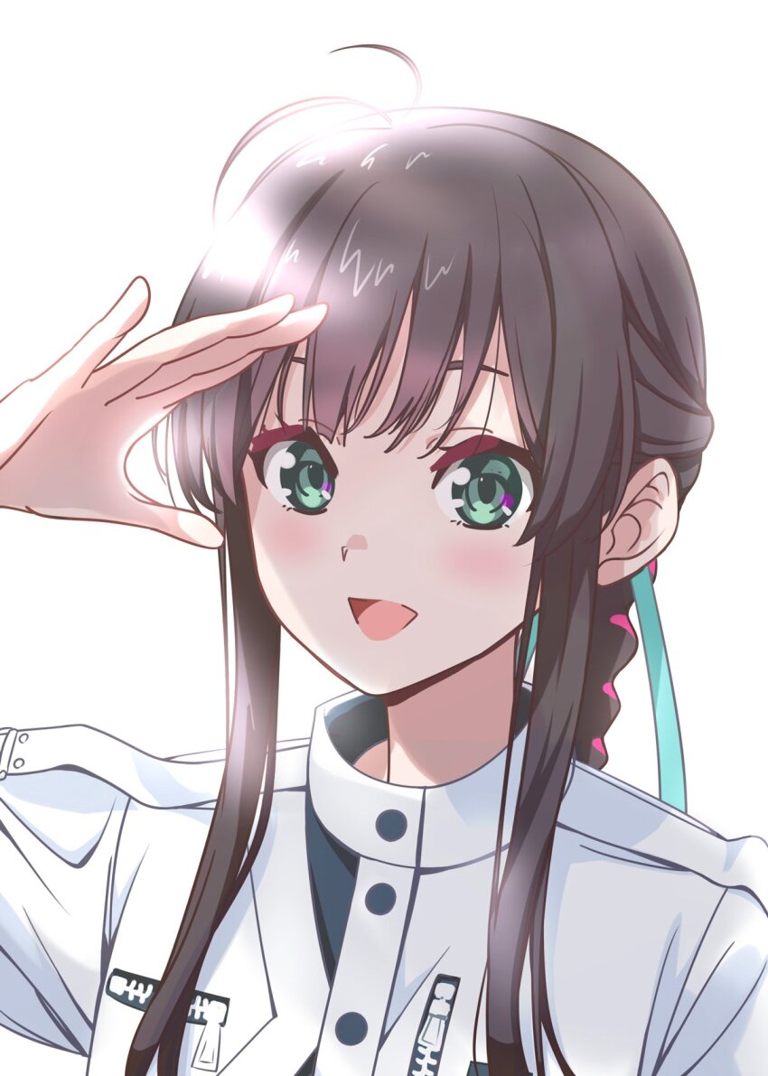 1girl 22/7 :d antenna_hair black_hair boku_wa_konya_deteiku braid braided_ponytail dress green_eyes green_ribbon hair_ribbon half_updo hand_over_face highres long_hair matsubokkurin227 open_mouth portrait ribbon sidelocks simple_background smile solo white_background white_dress yagami_toa