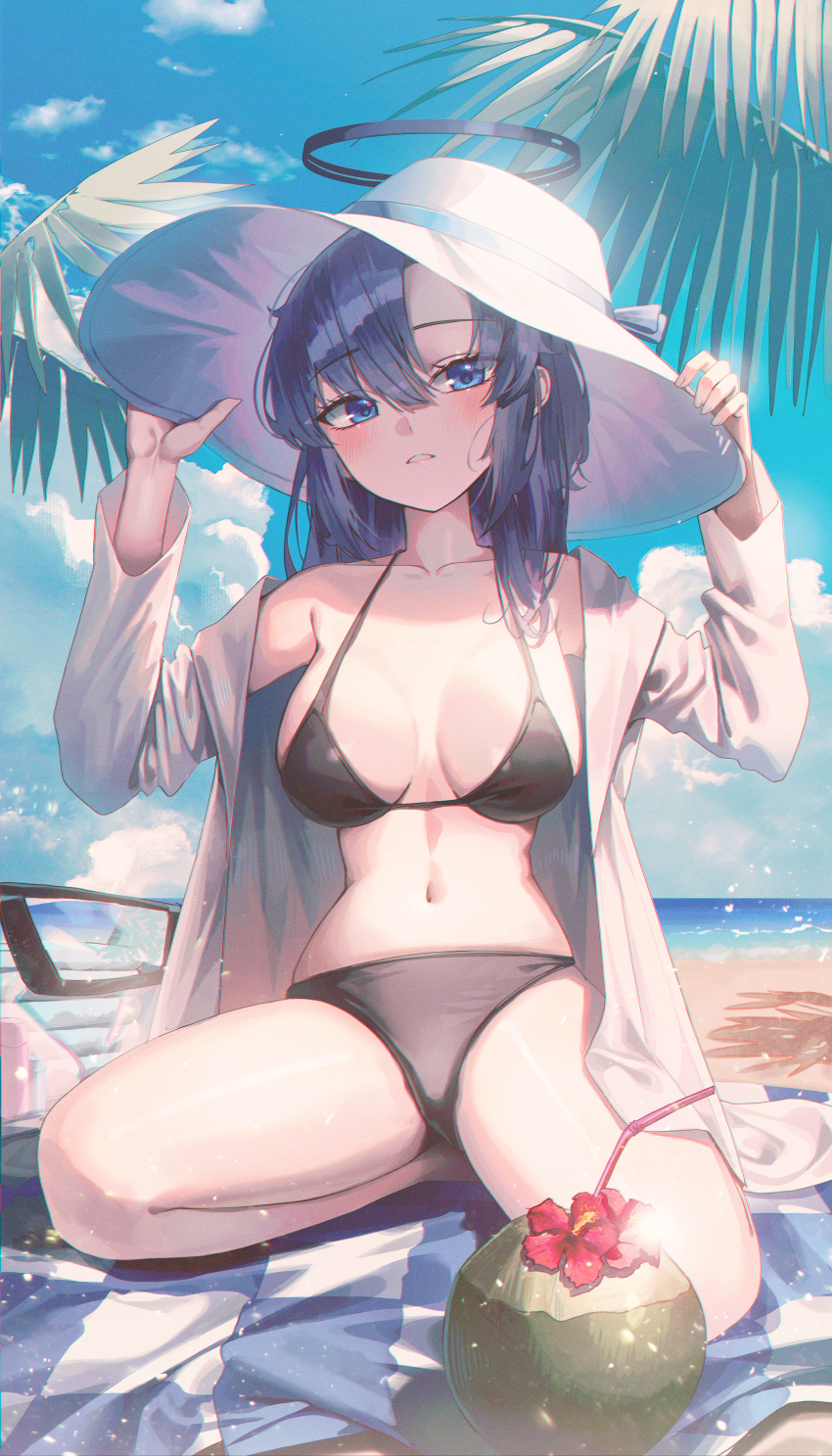 1girl absurdres alternate_costume alternate_hairstyle beach beach_mat bikini black_bikini black_halo blue_archive blue_eyes blue_hair blush breasts checkered_print cleavage coconut_cup commentary_request domi_(hongsung0819) flower halo hands_up hat highres horizon long_hair long_sleeves looking_at_viewer medium_breasts navel ocean open_clothes open_shirt red_flower seiza shirt sitting solo sun_hat swimsuit thighs white_hat white_shirt yuuka_(blue_archive)