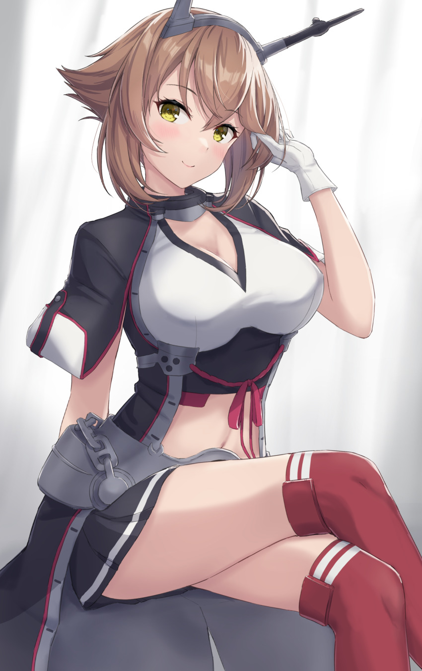 1girl absurdres ass black_skirt blush breasts brown_hair cleavage closed_mouth commentary_request gloves green_eyes hair_between_eyes headgear highres kantai_collection large_breasts looking_at_viewer monoku mutsu_(kancolle) mutsu_kai_ni_(kancolle) navel pleated_skirt red_thighhighs short_hair skirt smile solo thighhighs white_gloves