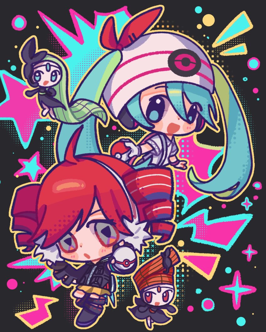 2girls ahoge bag beanie black_background black_gloves black_hair black_jacket blue_eyes blue_hair blue_shirt blush boots chibi chibi_only collared_shirt dual_persona fingerless_gloves full_body gen_5_pokemon gloves grey_eyes hair_between_eyes hat hatsune_miku headphones highres holding holding_poke_ball jacket kasane_teto knee_boots legendary_pokemon luxury_ball meloetta meloetta_(aria) meloetta_(pirouette) moochaakaka multiple_girls mythical_pokemon nintendo open_mouth poke_ball pokemon pokemon_(creature) project_voltage psychic_miku_(project_voltage) red_hair rival_teto_(project_voltage) see-through_clothes see-through_skirt shirt short_hair shoulder_bag skirt symbol-shaped_pupils twintails utau vocaloid white_gloves white_hair white_shirt wing_collar yellow_skirt