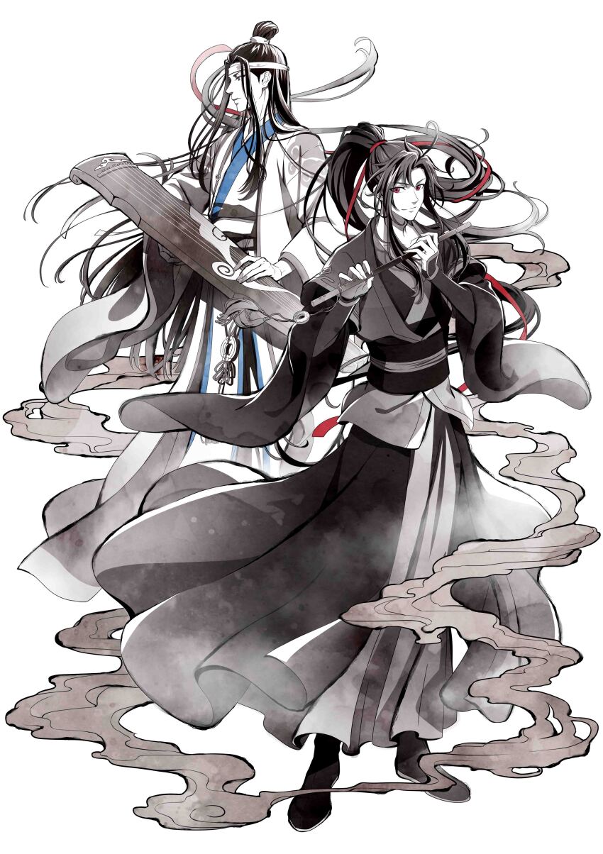 2boys absurdres ahoge anime_coloring black_boots black_hair black_hanfu boots chinese_clothes dizi floating_hair flute flute_tassel full_body guqin hair_ribbon hand_fan hanfu headband high_ponytail highres holding holding_flute holding_instrument instrument lan_wangji long_hair long_sleeves looking_at_viewer looking_to_the_side male_focus modao_zushi monochrome multiple_boys official_art ponytail red_eyes red_ribbon ribbon robe sash sidelocks simple_background sleeves_past_wrists smoke spot_color standing tassel topknot transverse_flute very_long_hair wei_wuxian white_background white_hanfu white_headband wide_sleeves xiao_guan_(headdress) yaopei