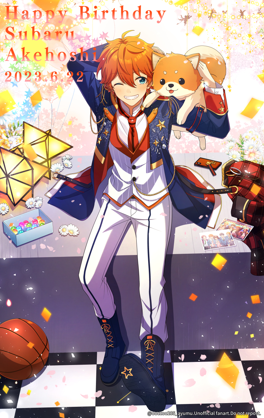 1boy absurdres ahoge aiguillette akehoshi_subaru animal arm_behind_head arm_up artist_name baby&#039;s-breath ball balloon basketball_(object) beads blue_boots blue_coat blue_eyes blush boots box bracelet buttons cellphone character_name checkered_floor coat commentary_request confetti constellation dated dog dog_on_shoulder ensemble_stars! epaulettes falling_petals flower flower_request freesia_(flower) grin hair_between_eyes hand_up happy_birthday highres holding holding_animal holding_dog jacket jewelry lace-up_boots male_focus mikawa_ayumu necktie one_eye_closed open_clothes open_coat orange_hair pants petals phone photo_(object) pink_flower plaid_clothes plaid_jacket red_jacket red_necktie shiba_inu shirt short_hair sitting smartphone smile solo star_(symbol) stellated_octahedron string_of_light_bulbs teeth twitter_username unworn_bracelet unworn_jacket vest watermark white_flower white_pants white_shirt white_vest yellow_flower