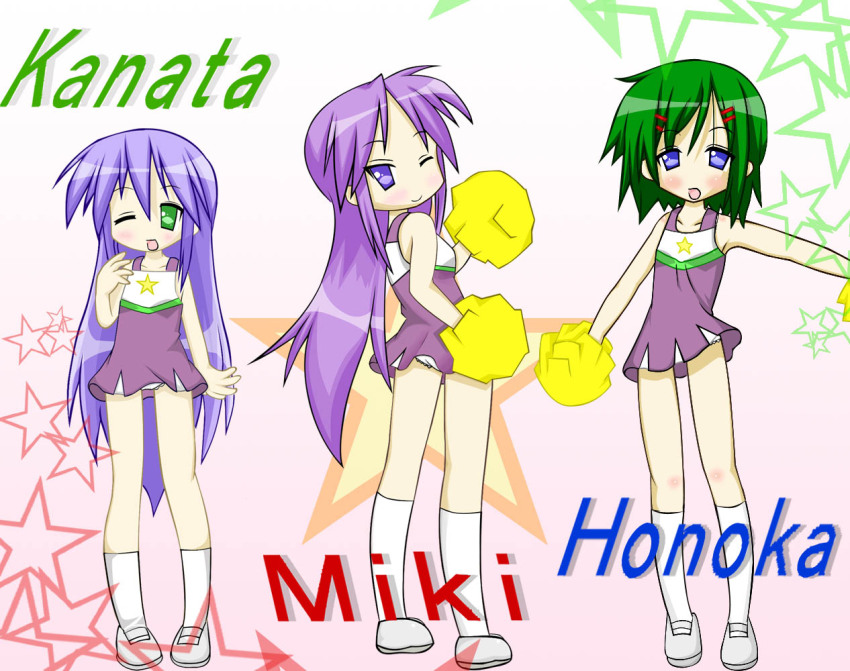 3girls blue_hair cheerleader green_hair hiiragi_miki iwasaki_honoka izumi_kanata lucky_star multiple_girls panties pantyshot purple_hair underwear white_panties
