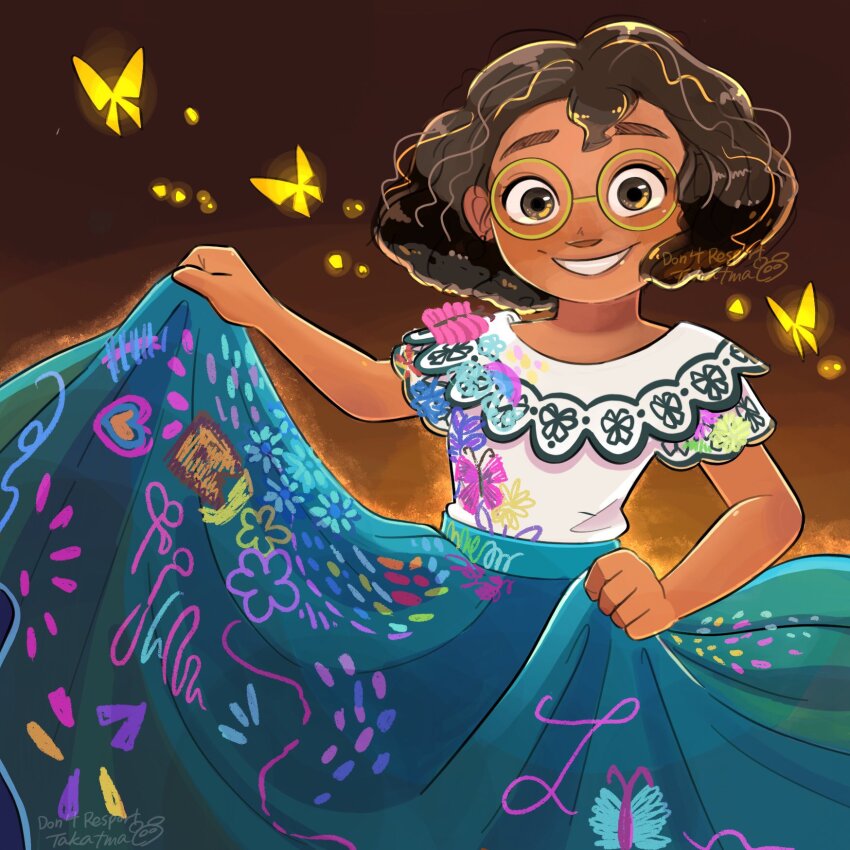 1girl brown_eyes brown_hair curly_hair dark-skinned_female dark_skin earrings embroidery encanto glasses green-framed_eyewear highres jewelry mirabel_madrigal round_eyewear shirt short_hair simple_background skirt smile solo takatmaorange thick_eyebrows