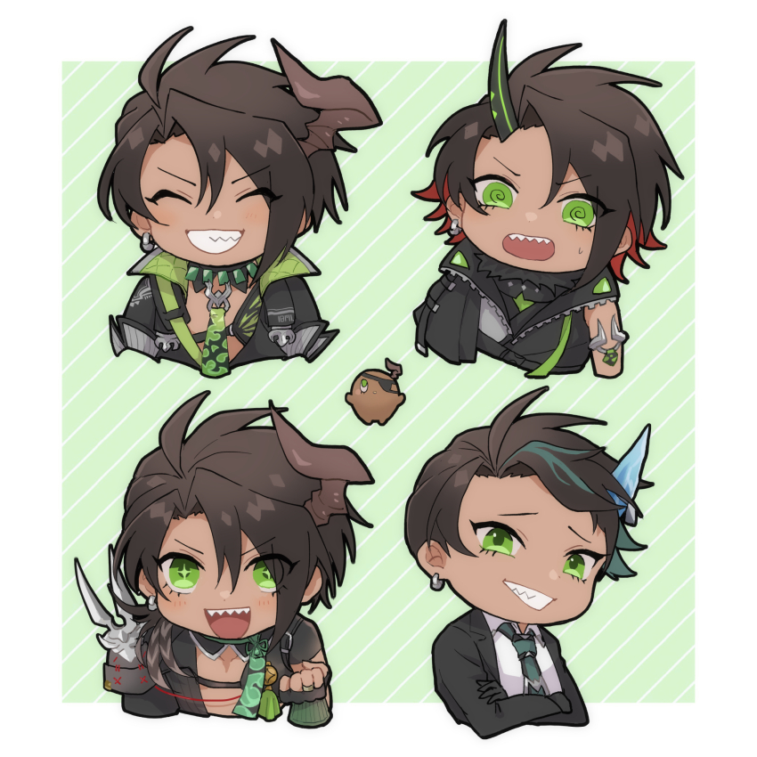 1boy @_@ aragami_oga aragami_oga_(1st_costume) aragami_oga_(2nd_costume) aragami_oga_(3rd_costume) aragami_oga_(4th_costume) black_horns black_jacket black_necktie blue_horns blush border brown_hair brown_horns chest_guard chibi chungami closed_eyes collared_shirt colored_inner_hair commentary_request crossed_arms dark-skinned_male dark_skin diagonal-striped_background earrings eyepatch green_background green_eyes green_hair green_necktie grin hair_between_eyes highres holostars horns jacket jewelry male_focus mioto_(tsubsq_m) multicolored_hair multicolored_necktie multiple_persona necktie open_clothes open_jacket red_hair sharp_teeth shirt short_hair shoulder_pads single_earring single_horn single_shoulder_pad small_sweatdrop smile sparkling_eyes striped_background teeth two-sided_fabric two-sided_jacket two-tone_hair vambraces virtual_youtuber white_border white_shirt