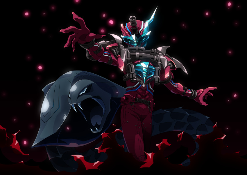 1boy absurdres armor assault_visor asymmetrical_horns blood_stalk blue_eyes blue_horns bodysuit cobra_(animal) cowboy_shot fog gloves helmet highres horns kamen_rider kamen_rider_build_(series) looking_at_viewer male_focus otokamu outstretched_arms red_bodysuit red_gloves red_horns science_fiction snake spread_arms steam tokusatsu vest villain_pose wire