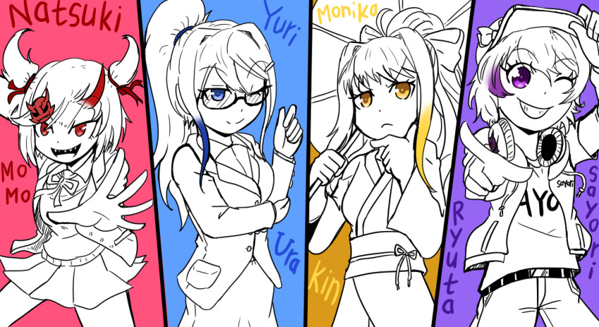 4girls bad_id bad_pixiv_id blonde_hair blue_eyes blue_hair crossover doki_doki_literature_club headphones headphones_around_neck japanese_clothes kamen_rider kamen_rider_den-o_(series) kimono kintaros momotaros monika_(doki_doki_literature_club) multicolored_hair multiple_girls natsuki_(doki_doki_literature_club) office_lady pen_(vmffptnlvos) possessed possession purple_eyes purple_hair red_eyes red_hair ryutaros sayori_(doki_doki_literature_club) school_uniform streaked_hair urataros yellow_eyes yukata yuri_(doki_doki_literature_club)
