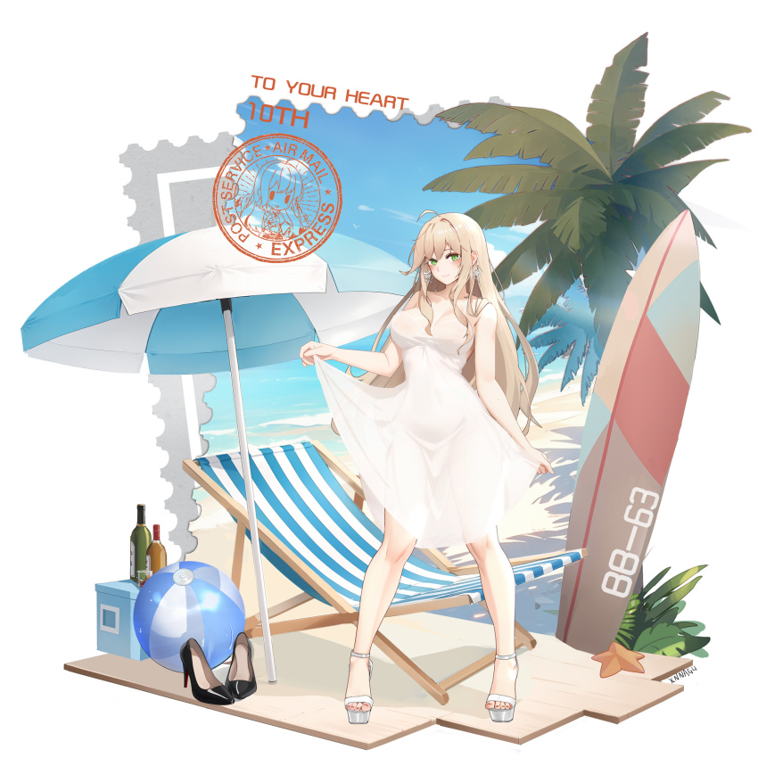 1girl ball beach beach_chair beach_umbrella beachball blonde_hair blue_sky breasts day dress earrings green_eyes high_heels highres jewelry large_breasts long_hair missouri_(warship_girls_r) ocean palm_tree sand sandals sky sleeveless sleeveless_dress solo star_(symbol) star_earrings surfboard tree umbrella very_long_hair warship_girls_r white_dress xnnagu