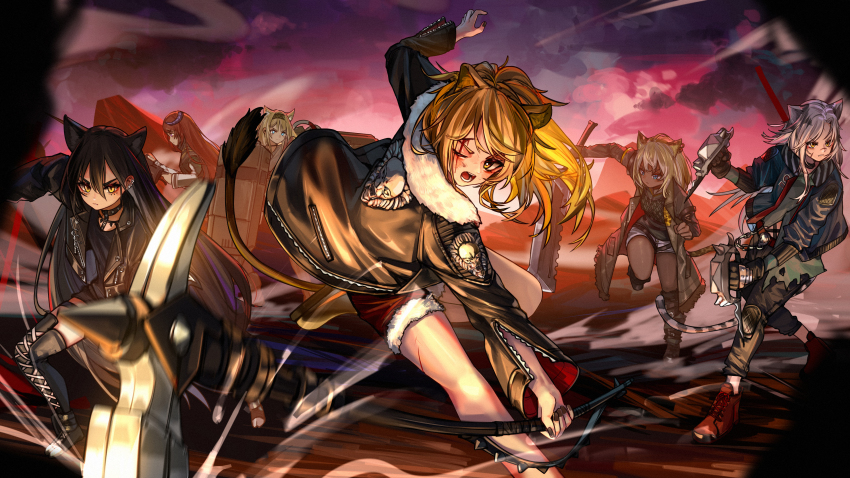 6+girls absurdres animal_ears arknights bagpipe_(arknights) black_hair black_jacket blonde_hair blue_hair cat_ears dagda_(arknights) grey_hair hammer highres holding holding_hammer holding_weapon horn_(arknights) horns indra_(arknights) injury jacket kourou_(kouroukun) lion_ears lion_girl morgan_(arknights) multiple_girls one_eye_closed orange_hair pants shorts siege_(arknights) war_hammer weapon yellow_eyes