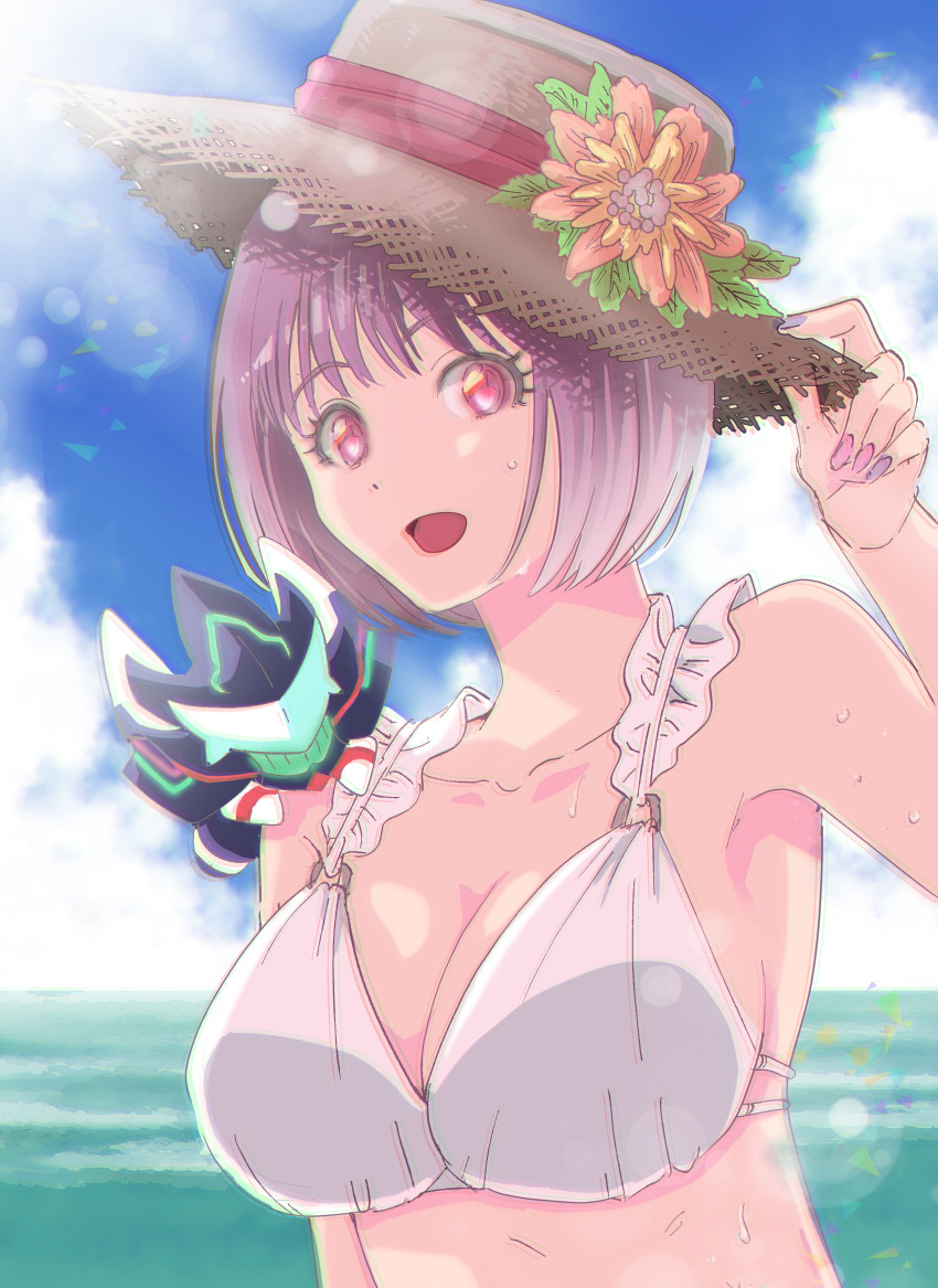 1girl absurdres alexis_kerib alexis_kerib_(new_order) bikini breasts chibi day frilled_bikini frills gridman_universe gridman_universe_(movie) hat highres large_breasts looking_at_viewer ocean official_alternate_costume open_mouth outdoors quasar9th red_eyes shinjou_akane short_hair smile swimsuit white_bikini