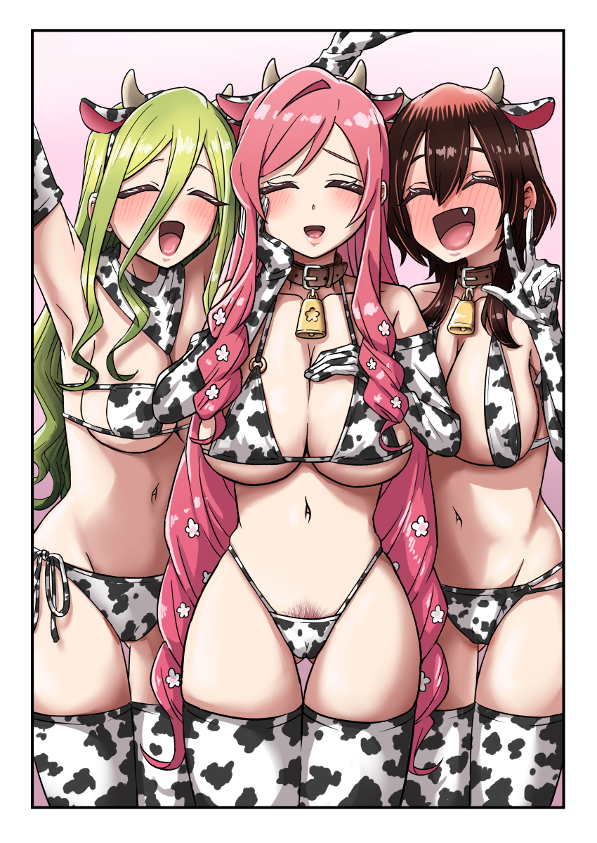 3girls absurdres animal_ears animal_print bell bikini blonde_hair blush bonnouji_momoha breasts brown_hair cleavage closed_eyes collar collarbone cow_ears cow_girl cow_horns cow_print cow_print_bikini cowbell elbow_gloves fake_animal_ears fake_horns fang female_focus female_pubic_hair gloves gluteal_fold hair_between_eyes hairband hanazono_hahari highleg highleg_bikini highres horns kimi_no_koto_ga_dai_dai_dai_dai_daisuki_na_100-nin_no_kanojo large_breasts long_hair multi-strapped_bikini_bottom multiple_girls navel neck_bell open_mouth pink_hair print_bikini print_gloves print_thighhighs pubic_hair pubic_hair_peek shashadog18 side-tie_bikini_bottom smile standing swimsuit thighhighs trait_connection underboob w yamato_nadeshiko_(hyakkano)