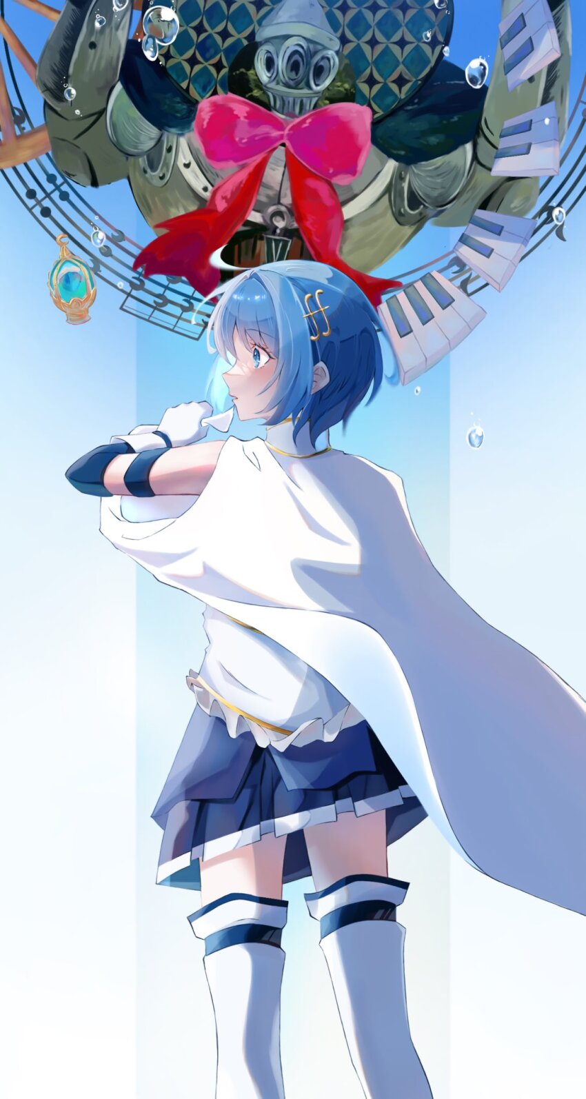 1girl blue_eyes blue_hair blue_skirt cape commentary_request fortissimo from_behind gloves hair_ornament highres magical_girl mahou_shoujo_madoka_magica mahou_shoujo_madoka_magica_(anime) miki_sayaka miki_sayaka_(magical_girl) mitsukiib musical_note musical_note_hair_ornament oktavia_von_seckendorff short_hair skirt solo_focus soul_gem thighhighs water_drop white_cape white_gloves white_thighhighs witch_(madoka_magica)